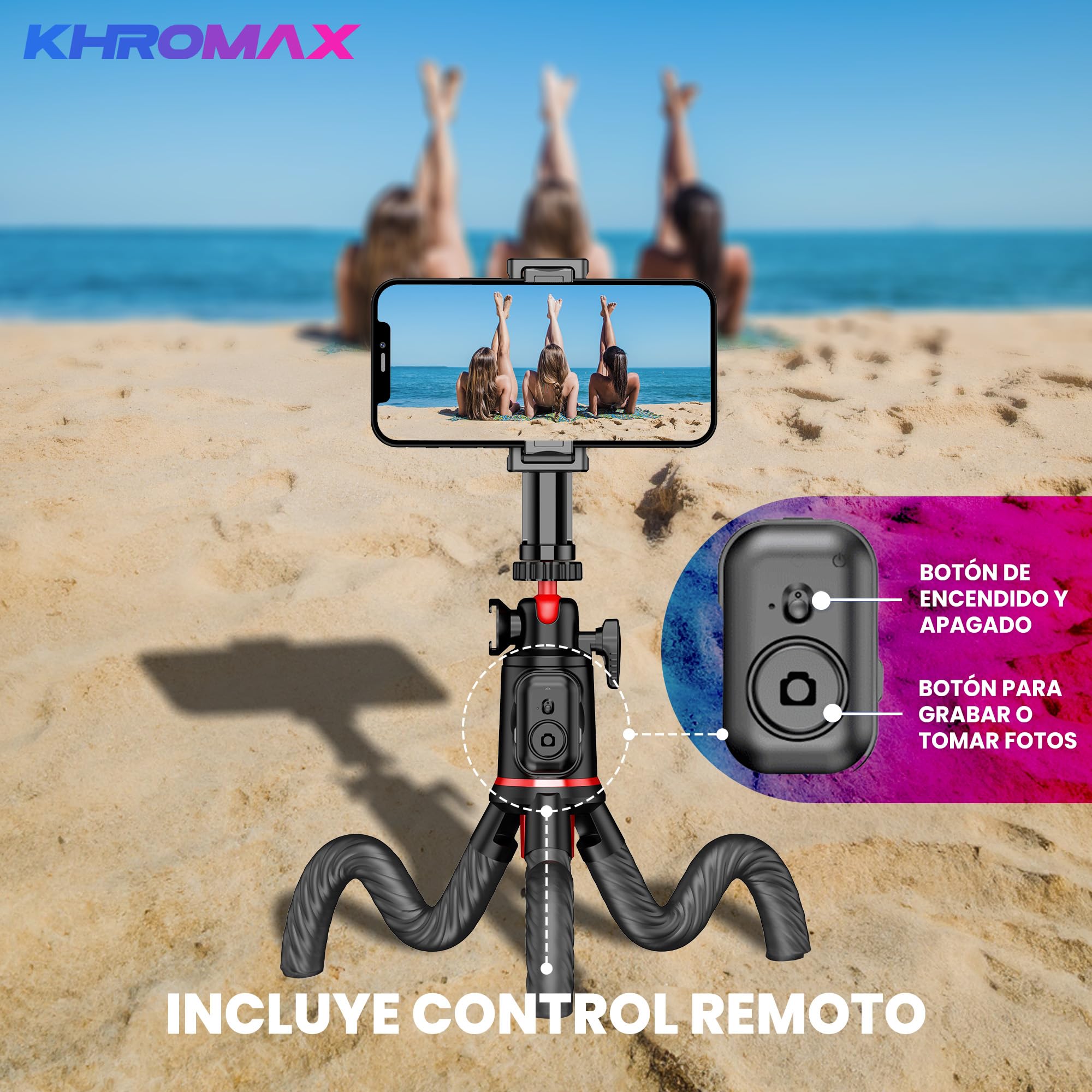 KHROMAX Treppiede flessibile 3-in-1 con Selfie Stick estensibile 64 cm + controllo Bluetooth, compatibile Phone/Android