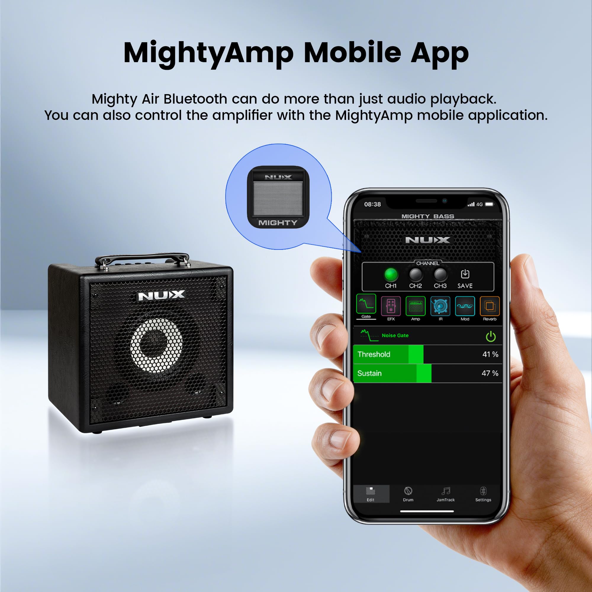 NUX Mighty Bass 50BT Digital Bass Verstärker, Bluetooth Audio Stream, 60s Phrase Loop, Gate, EFX, Amp Modell, IR, Modulation, Reverb, Portable Deep Tone to-Go, USB Audio Stream