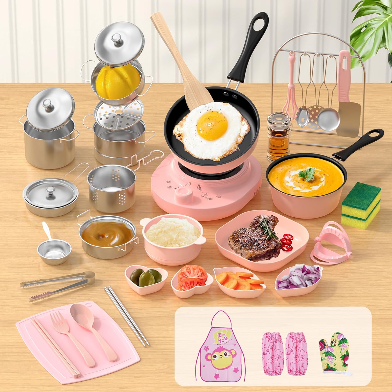 Kids Cooking Sets Real, Kid Safe Montessori Mini Tools Includes Stove Burner, Knife ect for Aged 8-12 Boys Girls Food Making, Easy for Beginners, Education Toys-Blue