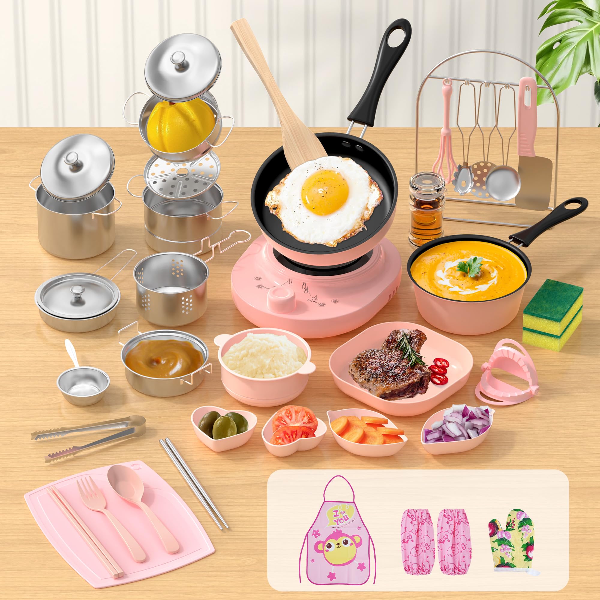 Photo 1 of Gotoofun Kids Cooking Set Real for Ages 8-12, Real Montessori Mini Kitchen Tools with Stove Burner & Safe Knife, Easy Educational Cooking Toys for Boys & Girls Beginner – Pink