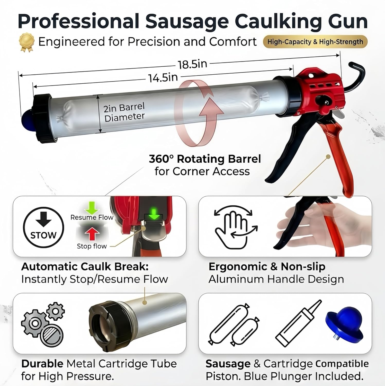 Heavy-Duty 2-in-1 Sausage Caulking Gun, 18:1 High Thrust Ratio, Professional Silicone Gun for 20oz Sausage Pack & 10oz Cartridge, One-Touch Drip-Free, 360° Rotating Barrel, 10+ Nozzle Accessories