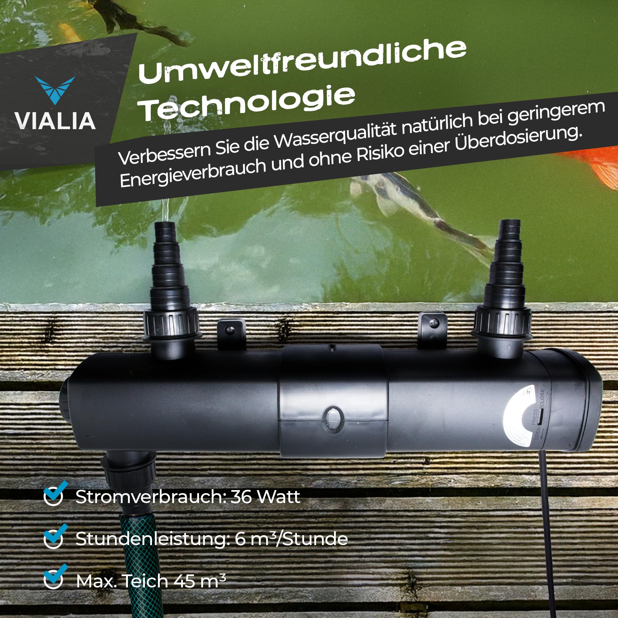 UVC Teichklärer CUV-236 36 Watt Lichtfilter Algenbekämpfung 6000 l/h Durchfluss Vorklärgerät Teichpumpe