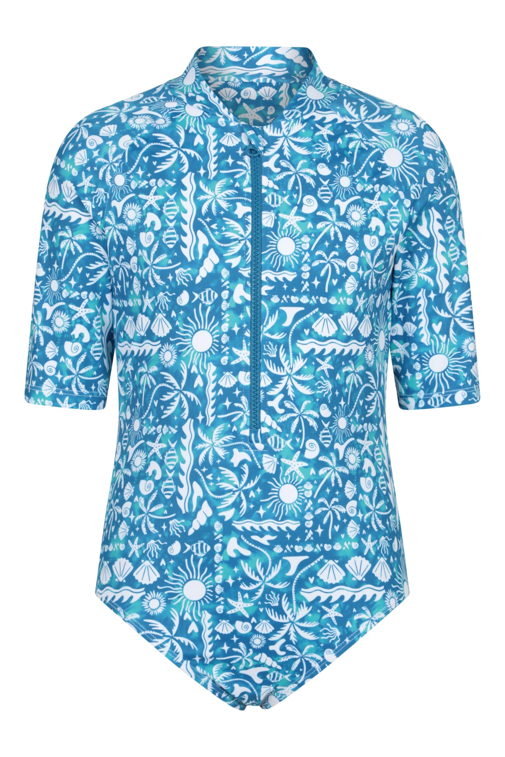 Mountain Warehouse Mira Kids Printed Rash Vest Swimsuit - Lightweight & Stretchy Swimshirt with Central Front Zipper - Summer, Swimming, Pool, Diving & Water Sports Blue Teen Size 13 Years