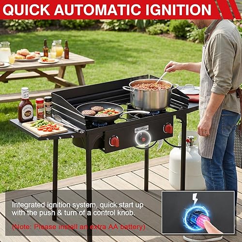 Miniatura 2 de Bestfire Estufa de camping de 2 quemadores con panel de viento y estantes laterales, bolsa, botón de encendido automático, regulador, estufa de