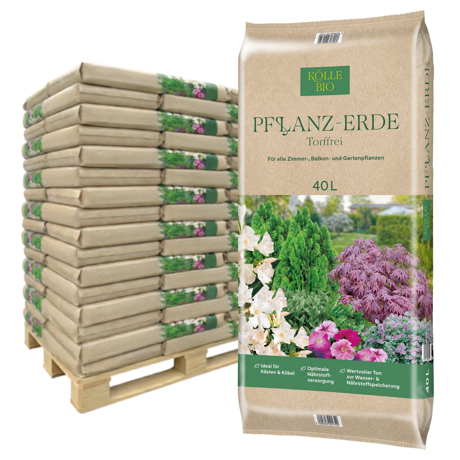 Kölle's Beste Pflanzerde, torffreie Pflanzenerde für alle Garten- und Balkonpflanzen, mit 1,5-Monate-Langzeitdünger, zum Topfen und Umtopfen, 30 Sack à 40 Liter Blumenerde