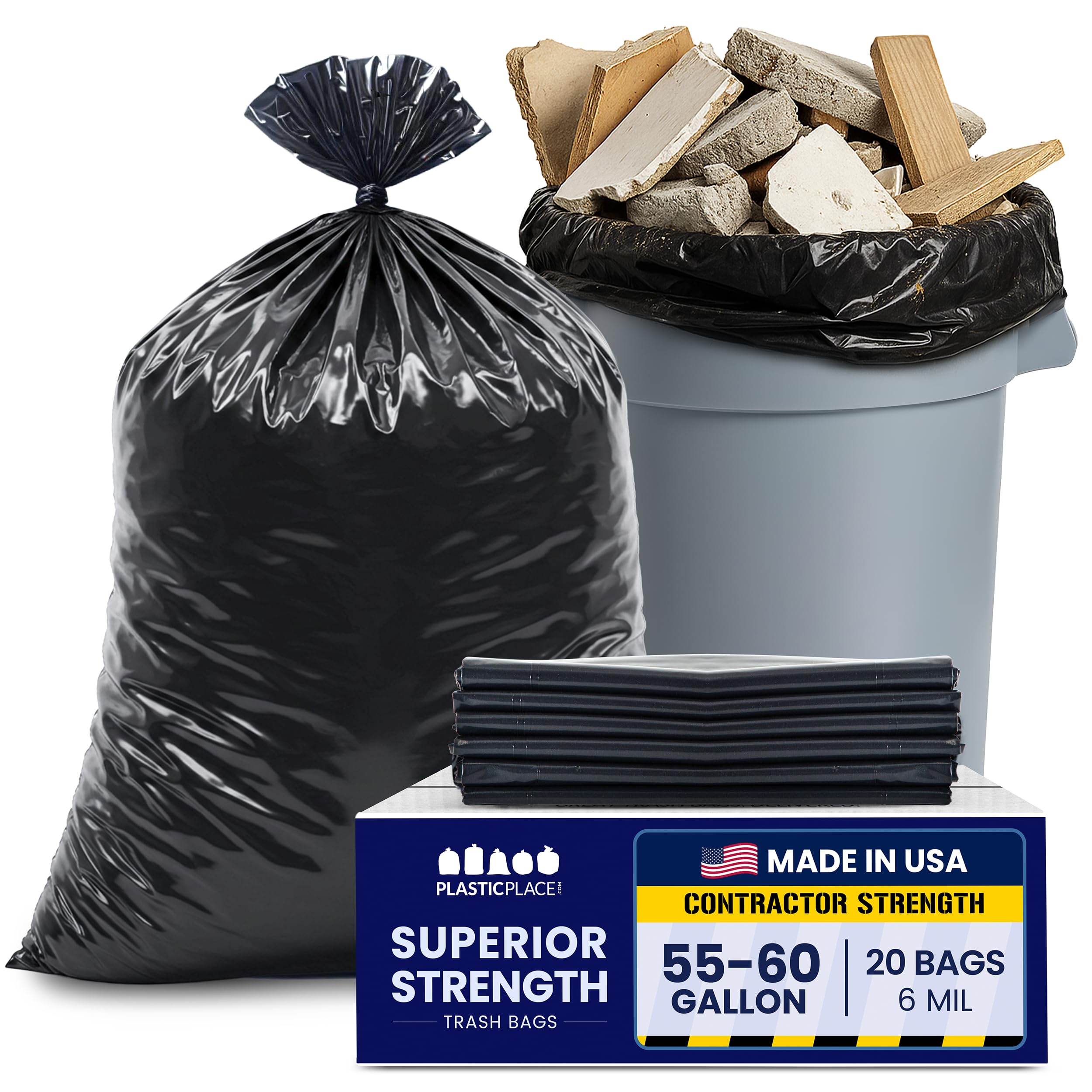 Plasticplace Bolsas de basura para contratistas de 55-60 galones, 6.0 mil, bolsa de basura negra resistente, 36 x 58 pulgadas (20 unidades) (CON55X620A)