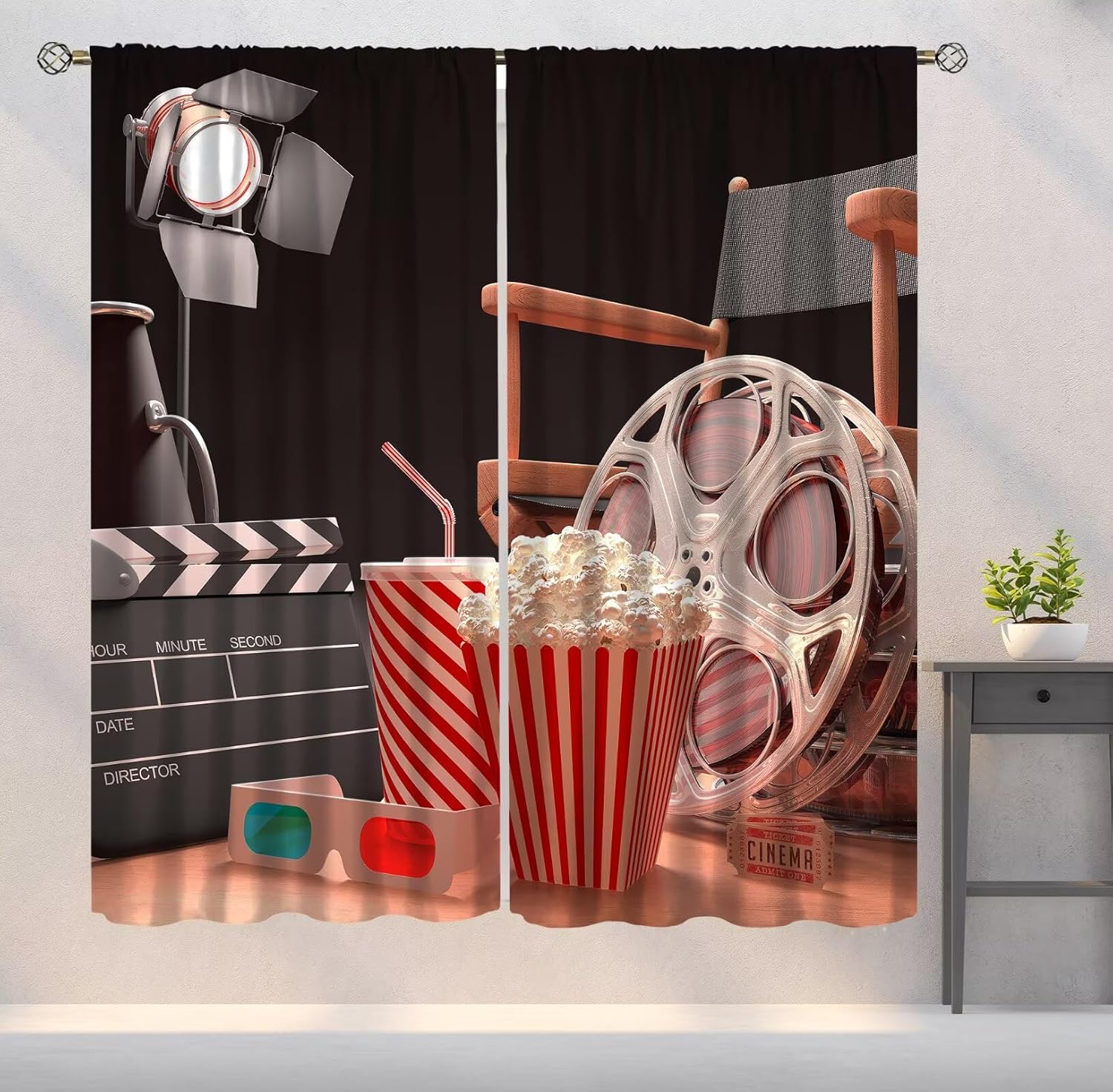 Vintage Theater Curtains, Retro Home Cinema Film Strips Motion Picture Art Printed Blackout Window Drapes for Bedroom Living Room Kitchen Decor Fabric 2 Panels 42x54 Inch 80% Shading Rate