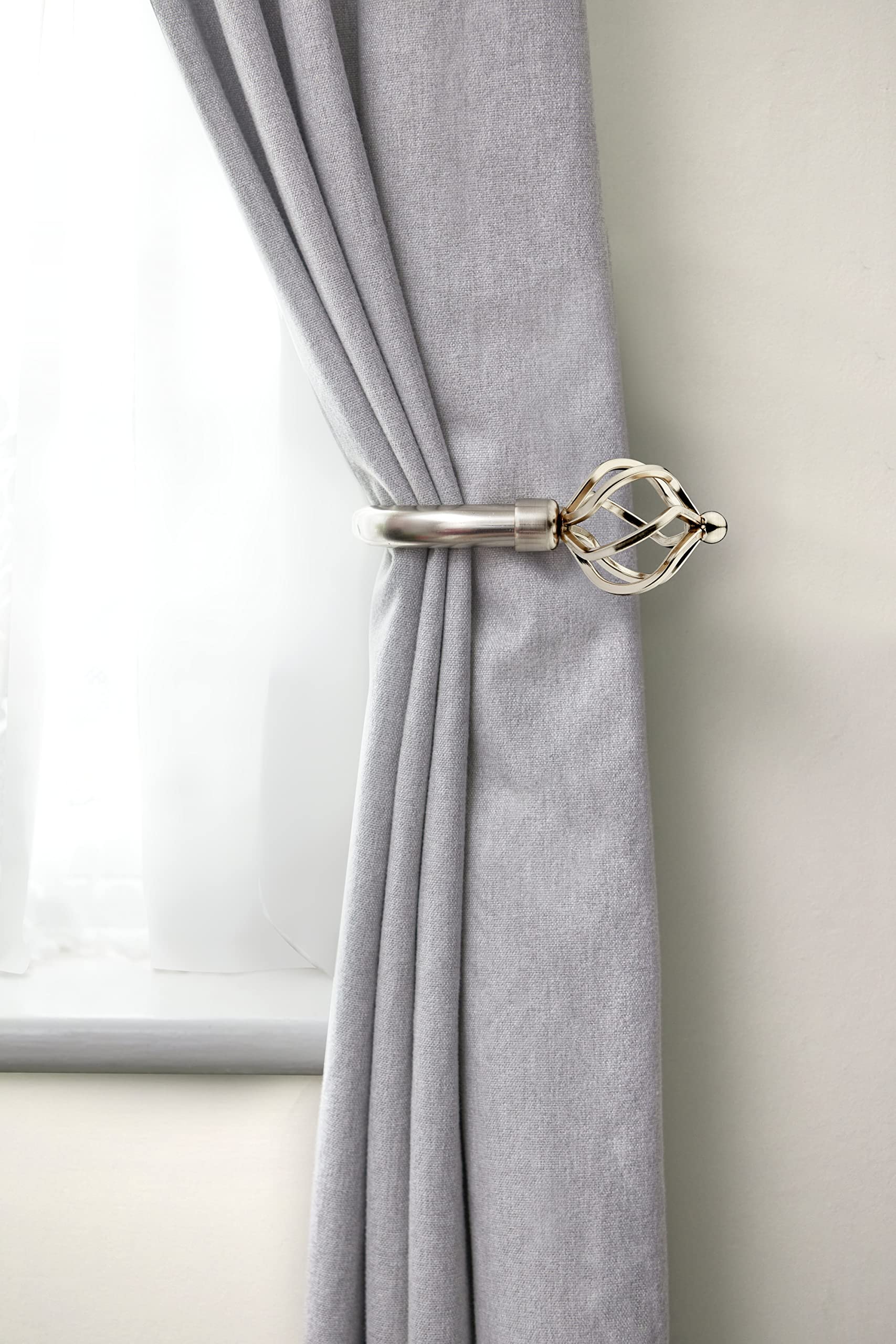 Emma Barclay, Bird Cage - Pair of Holdaback Tiebacks with End Finials in Brushed Silver - 20cm