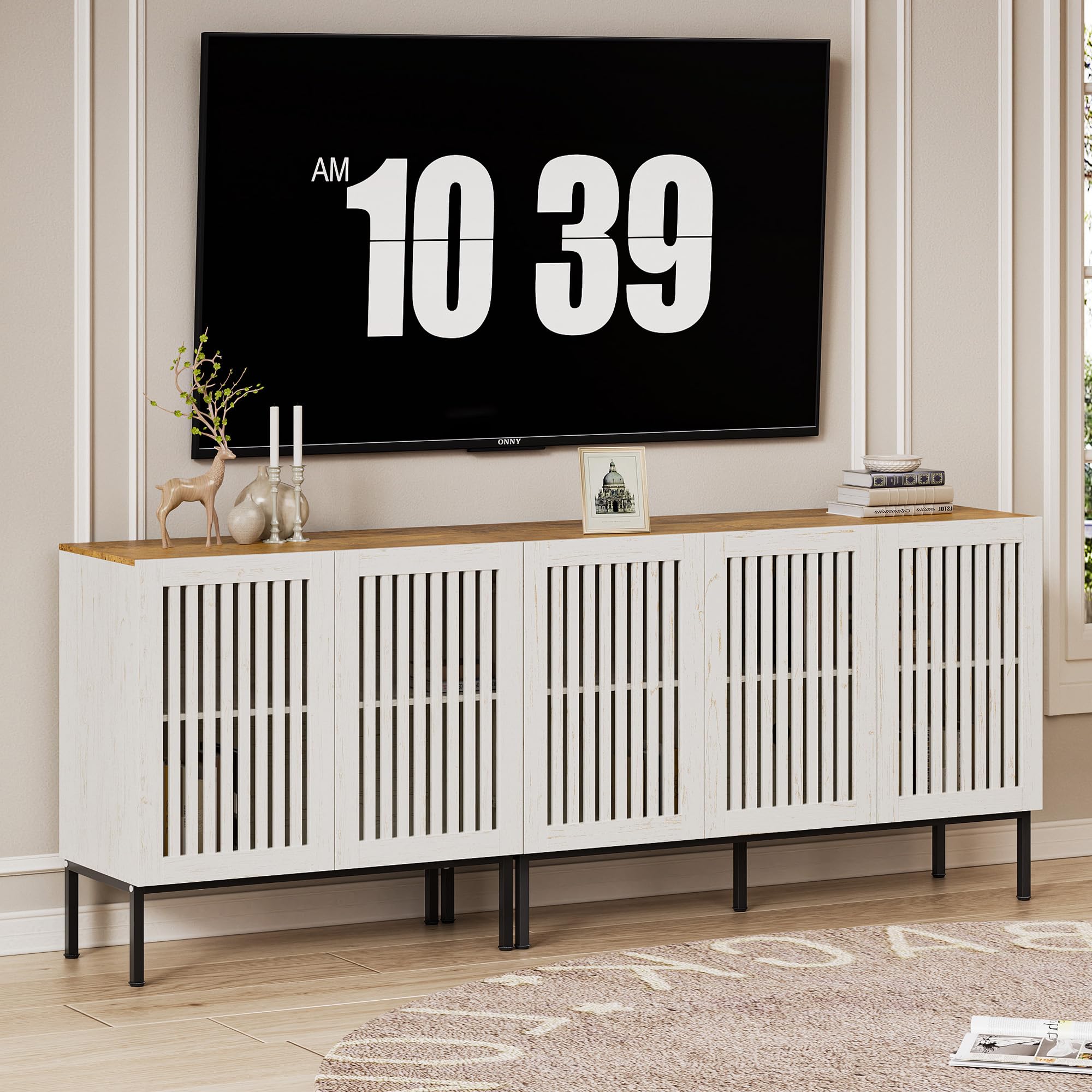 BVIUNTWO Farmhouse TV Stand for TVs up to 85 inch, 2 in 1 Entertainment Center TV Console with Storage Cabinets and Metal Base,Media Console for