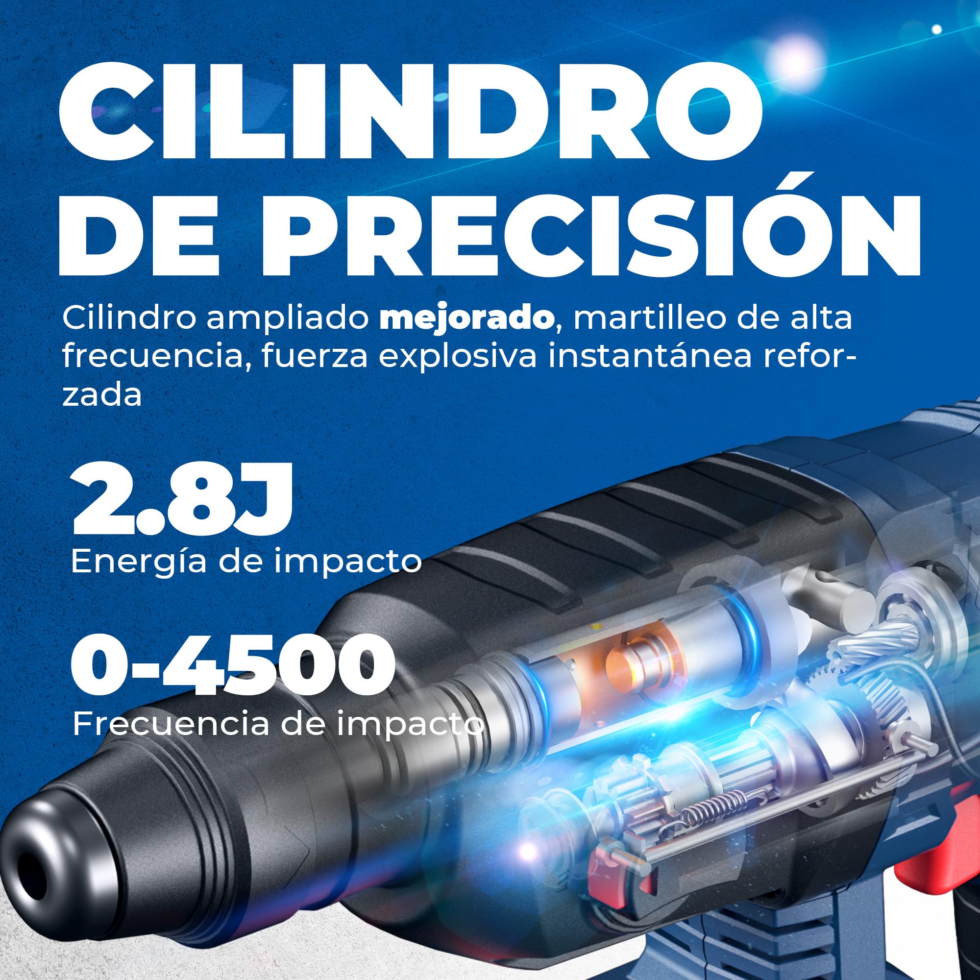DongCheng Martillo perforador sin cable 18V, martillo percutor a batería 2,8 J, 4 piezas SDS-plus, perforación hasta 28 mm, motor sin escobillas empuñadura antivibración baterías 4Ah y cargador 2A