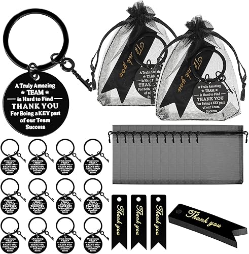 Miniatura 7 de Yinkin Juego de 12 llaveros de agradecimiento para empleados con bolsas de organza y tarjetas de agradecimiento