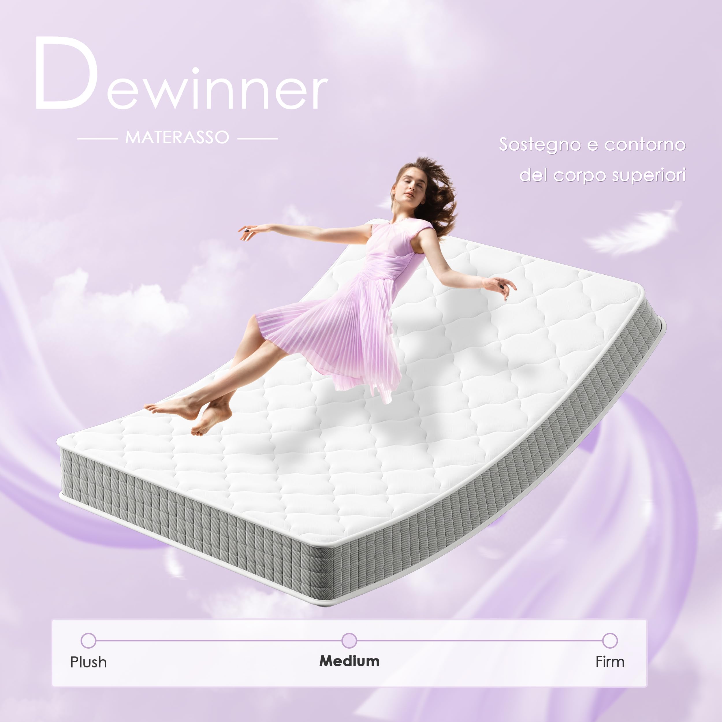 DEWINNER Materasso a Memoria 25cm + Rete a Doghe 160x190cm, Alto 35cm, con 8 piedi, 13 doghe, Facile da montare, Ortopedico, Antiacaro, Grigio，Letto Matrimoniale