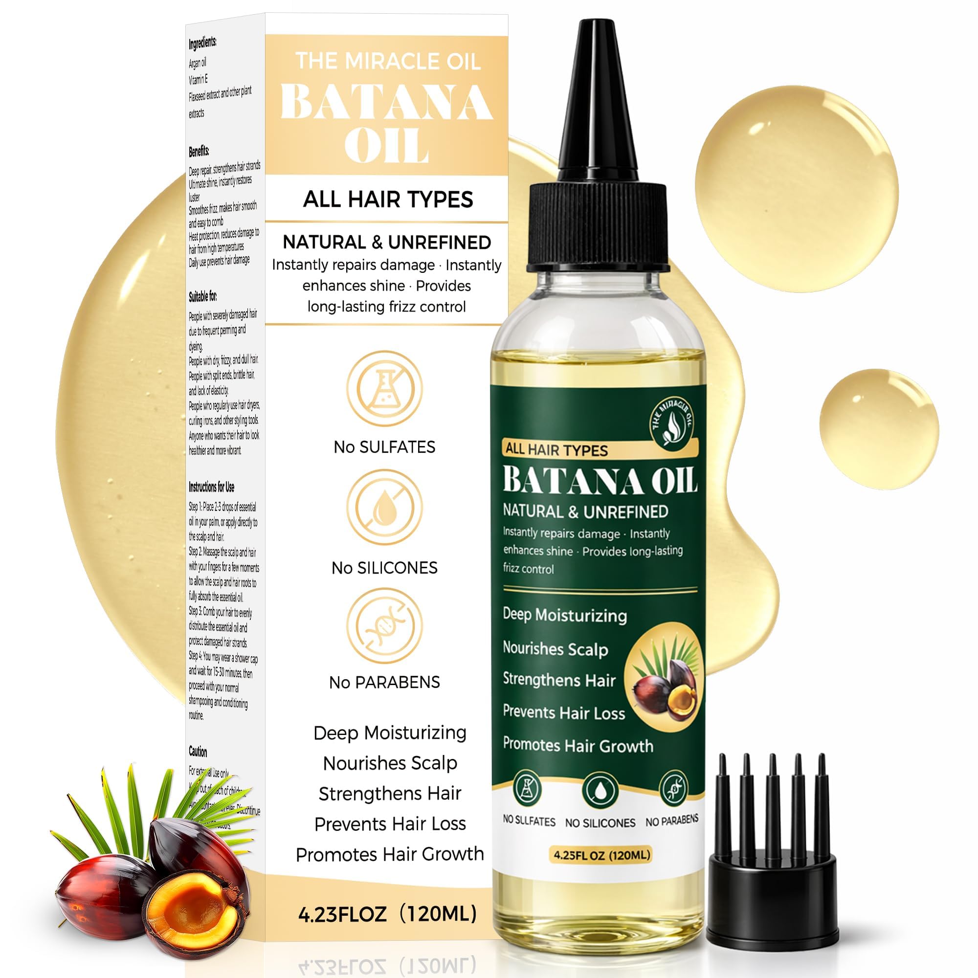 Batana Oil for Hair Growth, Raw Batana Oil, 100% Pure & Natural, Prevents Hair Loss, Deeply Nourishing Scalp for Thicker & Stronger Hair for Women & Men, 4.23Fl Oz (120ml) 4.23 Fl Oz (Pack of 1)