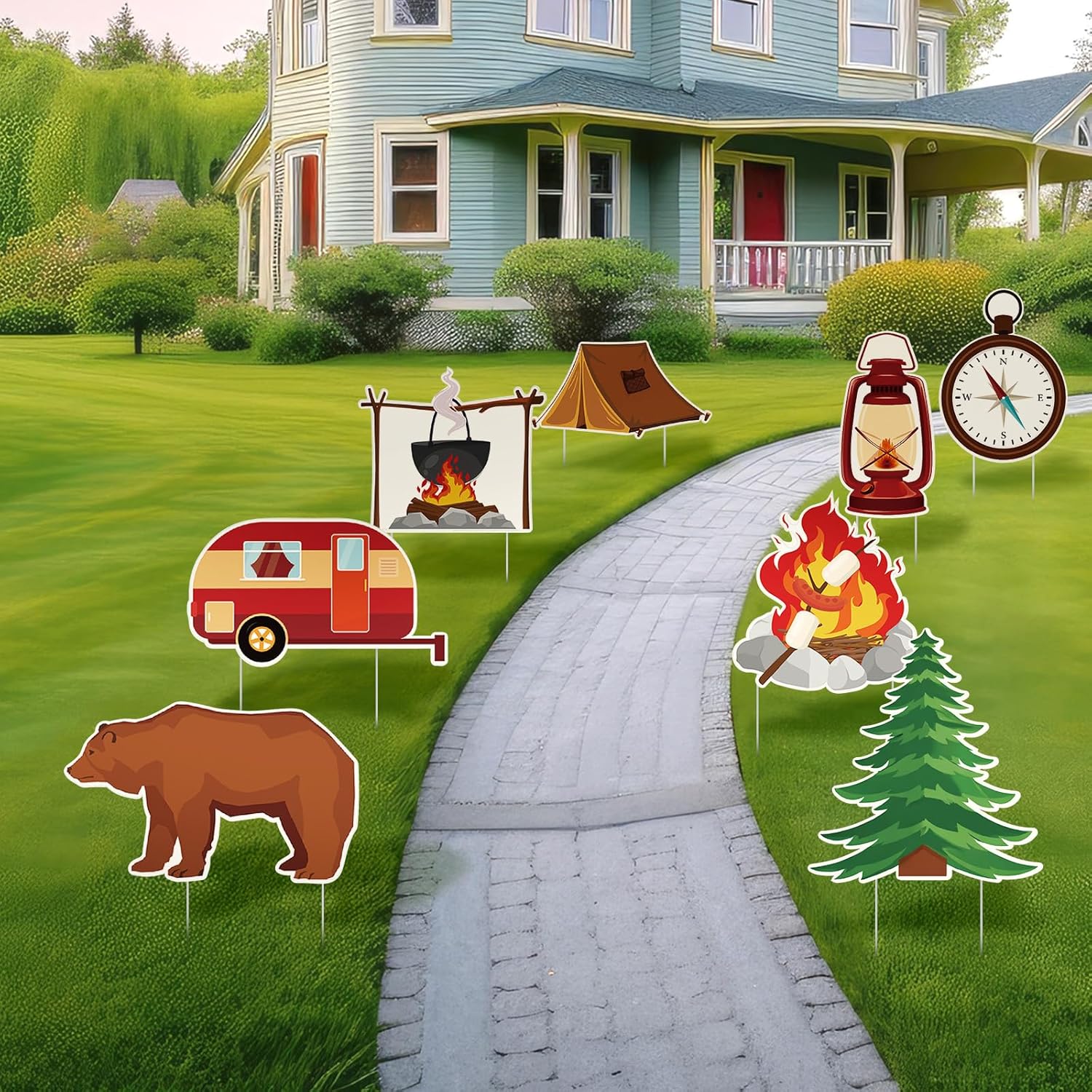Amyhill 12 Pcs Summer Camping Yard Signs Decoration Happy Camper Decorations for Outdoor with Stakes Waterproof Decor Adventure for Summer Festive Holiday Party Patio Lawn Walkway Decorations