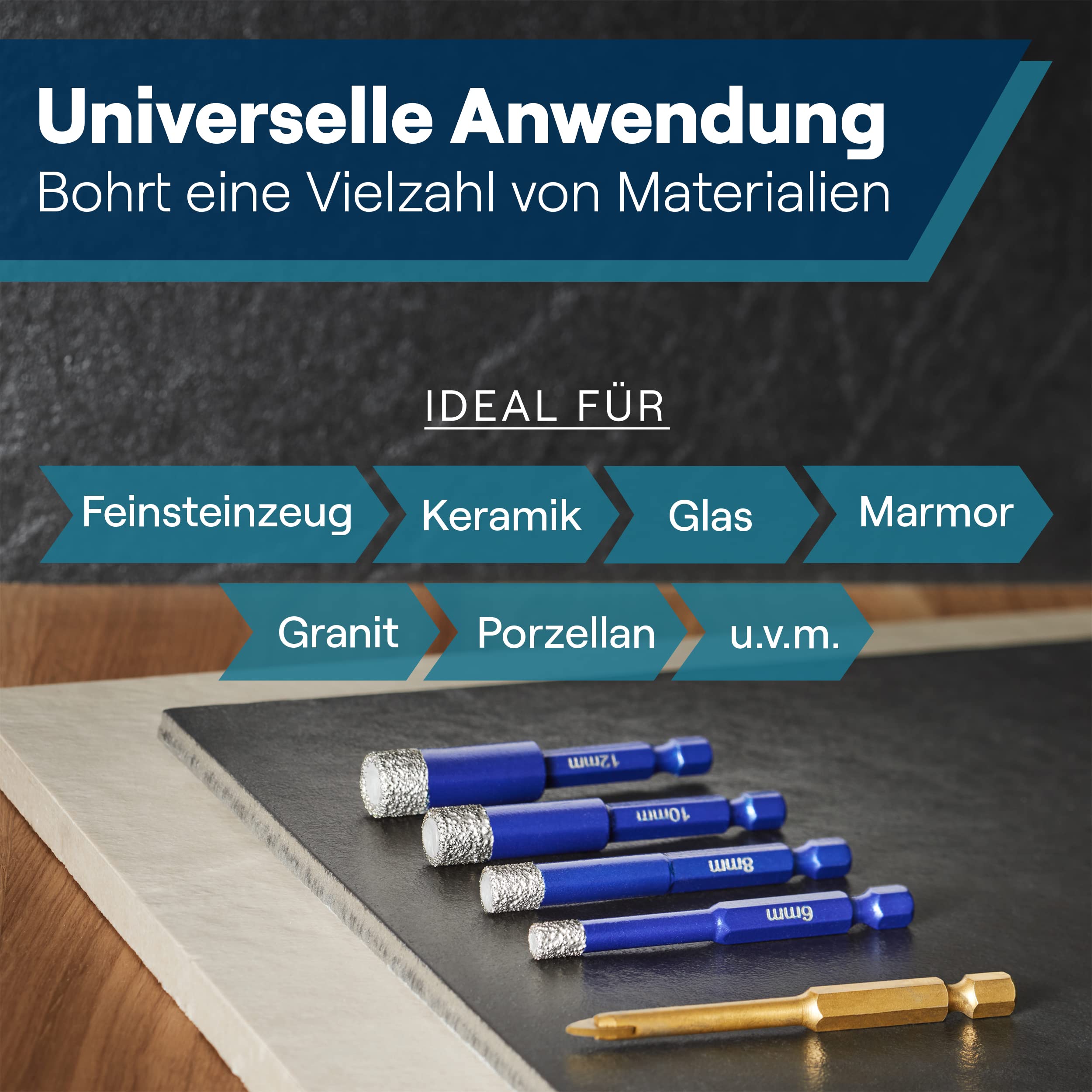 WERKSTEIN® Fliesenbohrer Set mit Diamantbohrkronen & Karbid Anbohrer [GRÖßEN 6, 8, 10 & 12 MM] - Diamantbohrer für Fliesen & Feinsteinzeug - Fliesenbohrer Set für Keramik, Granit & Naturstein