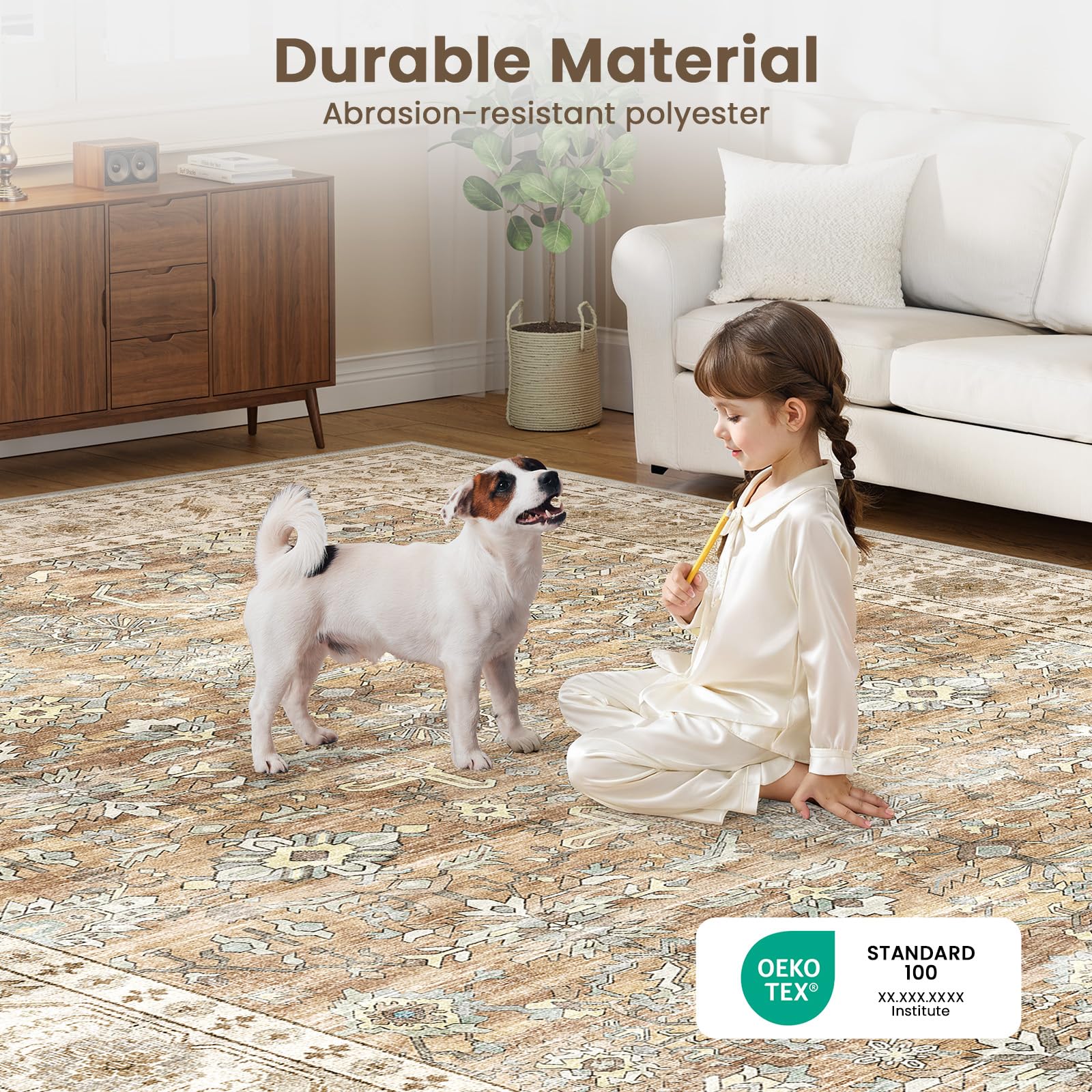 HOMFINE Vintage Tapis Salon Beige Marron 160x230 cm - Lavable en Machine Antidérapant Poil Court Doux Grand pour Chambre Salle à Manger Couloir