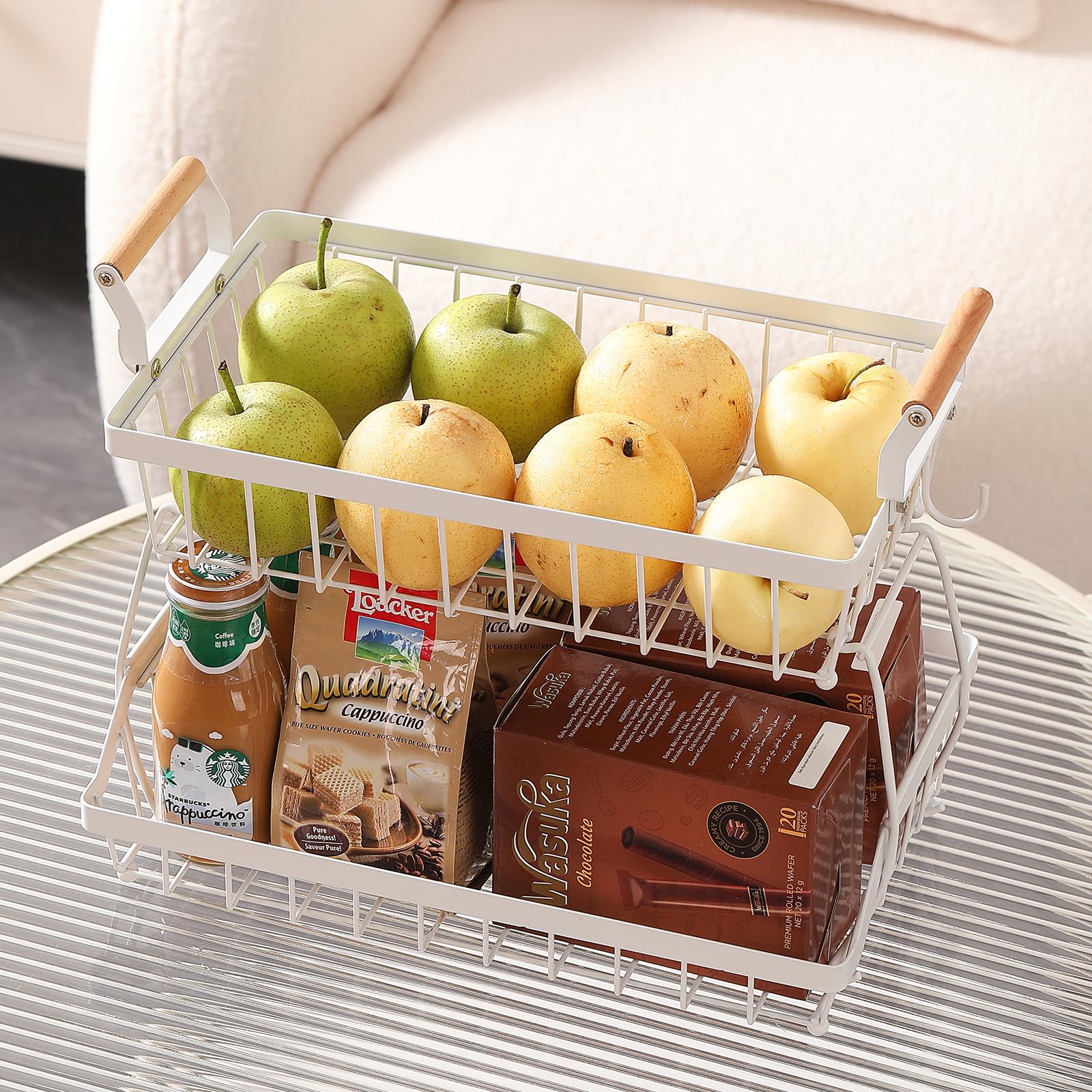 CD HOME Large Fruit Storage Basket with 2 Banana Hangers, Countertop Fruit Vegetable Basket Bowl for Kitchen Counter Metal Mesh Basket Fruits Stand Produce Holder Organizer (2 Tier White)