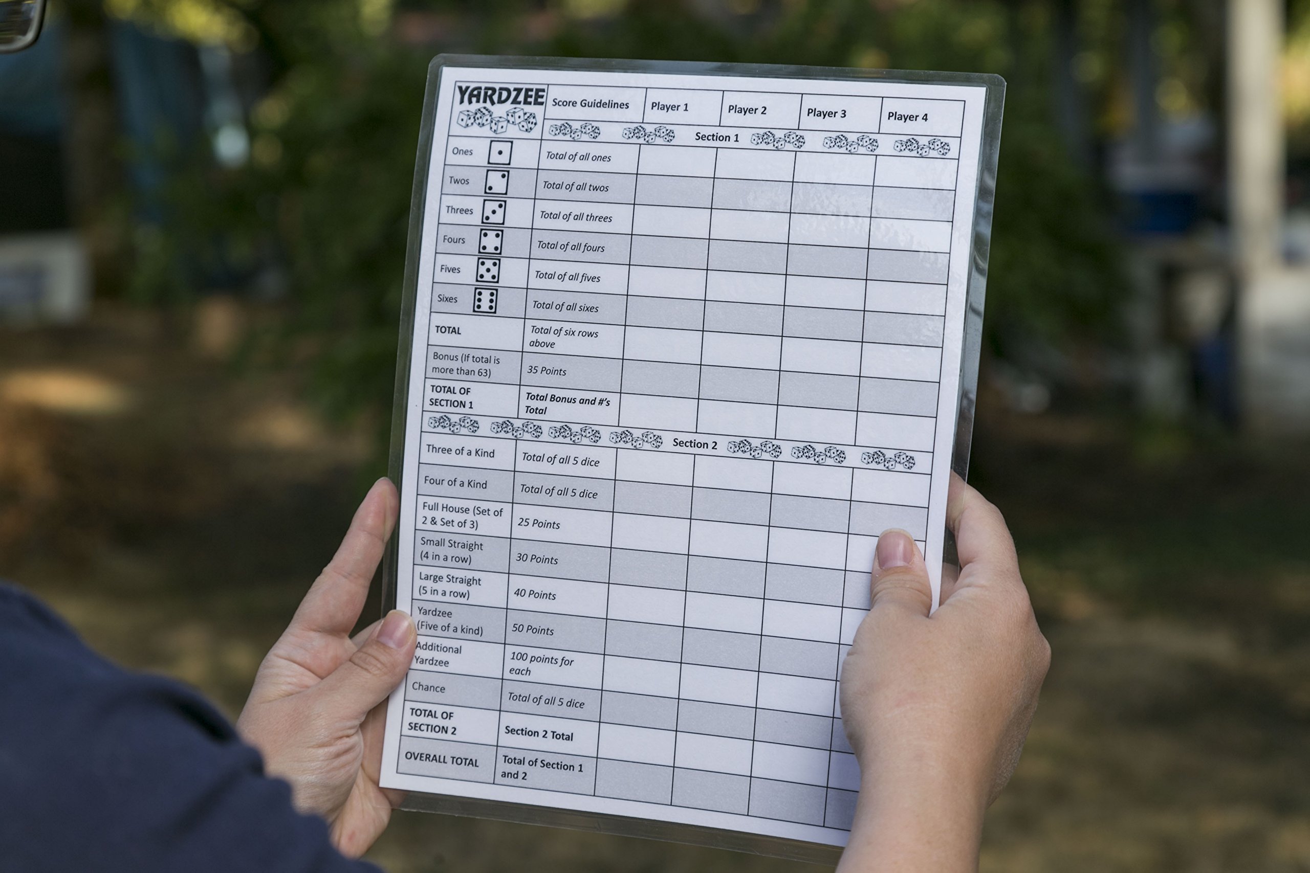 Yardzee Score Cards with Rules on the Back, Laminated Yardzee Score