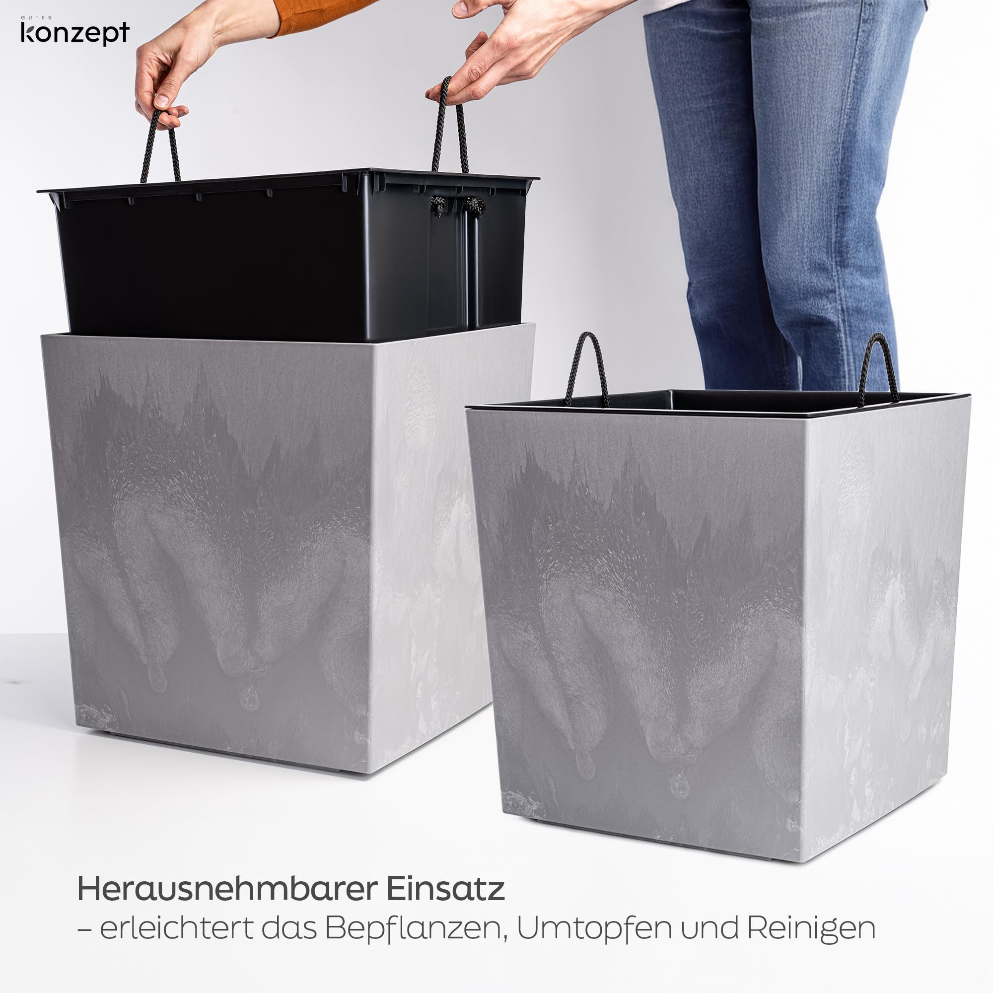KONZEPT Blumenkübel mit Einsatz, XL 40x40x40 cm – UV-beständig & wetterfest, aus 100 % recyceltem Kunststoff – Pflanzkübel in grau Beton-Optik für Garten, Balkon & Terrasse