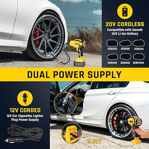 Miniatura 3 de Inflador de neumáticos, compresor de aire portátil compatible con batería Dewalt de 20 V, fuente de alimentación de automóvil de 12 V CC, bomba de