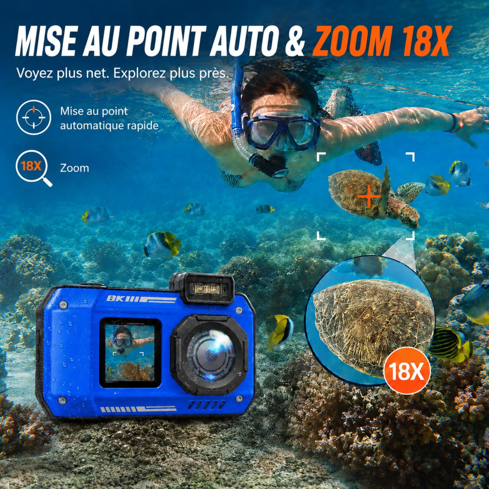 MaxMango D50 33FT Appareil Photo Numérique Etanche，8K 70MP Caméra sous-Marine avec 16 Go de Stockage, Double écran 18x, Résistante à la Poussière et Aux Chocs, Autofocus - Bleu