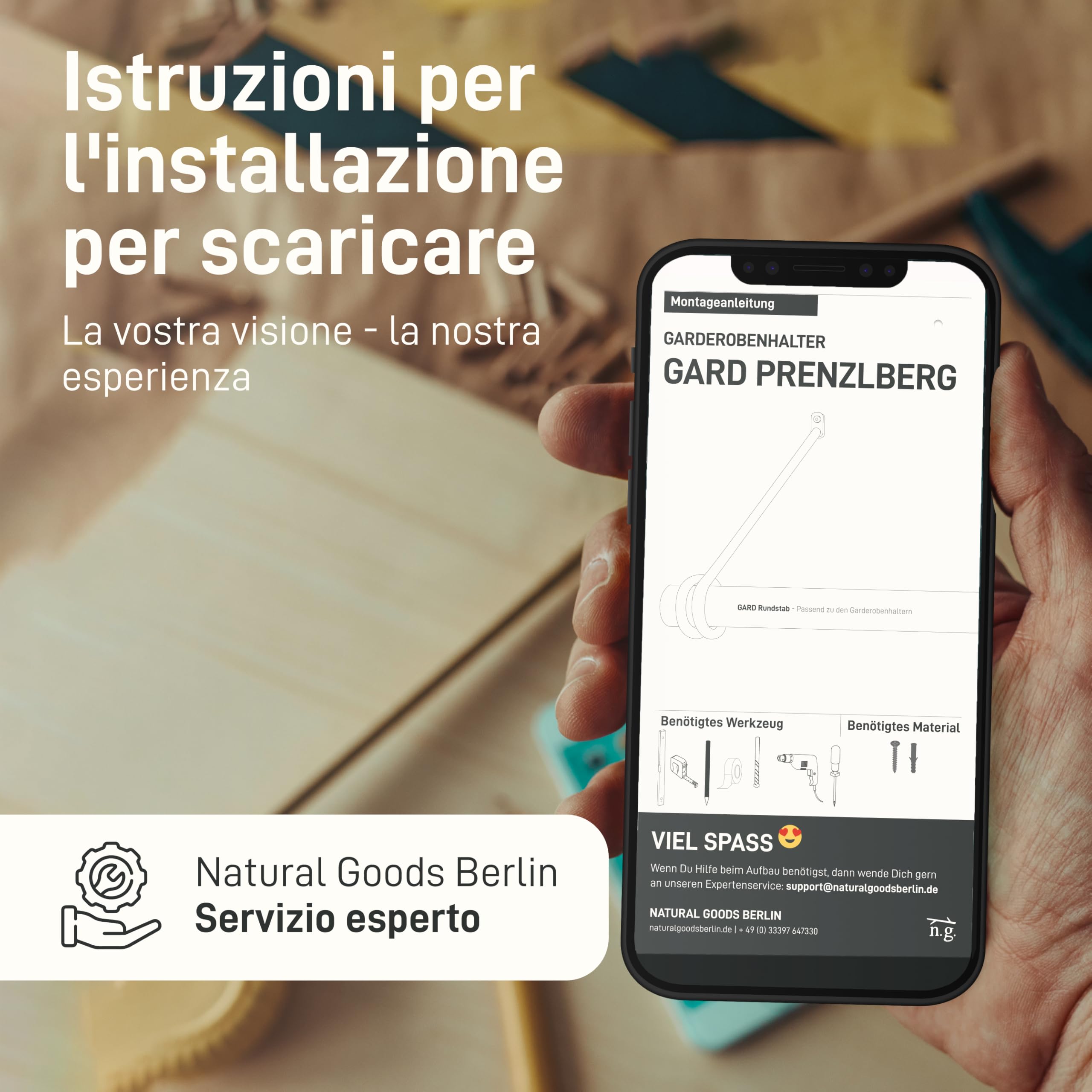 Natural Goods Berlin - 2 Supporti per Guardaroba Gard Prenzlberg, verniciati a Polvere o oliati, con Passante, Spessore 8 mm, per aste tonde da 30 mm, Fai da Te