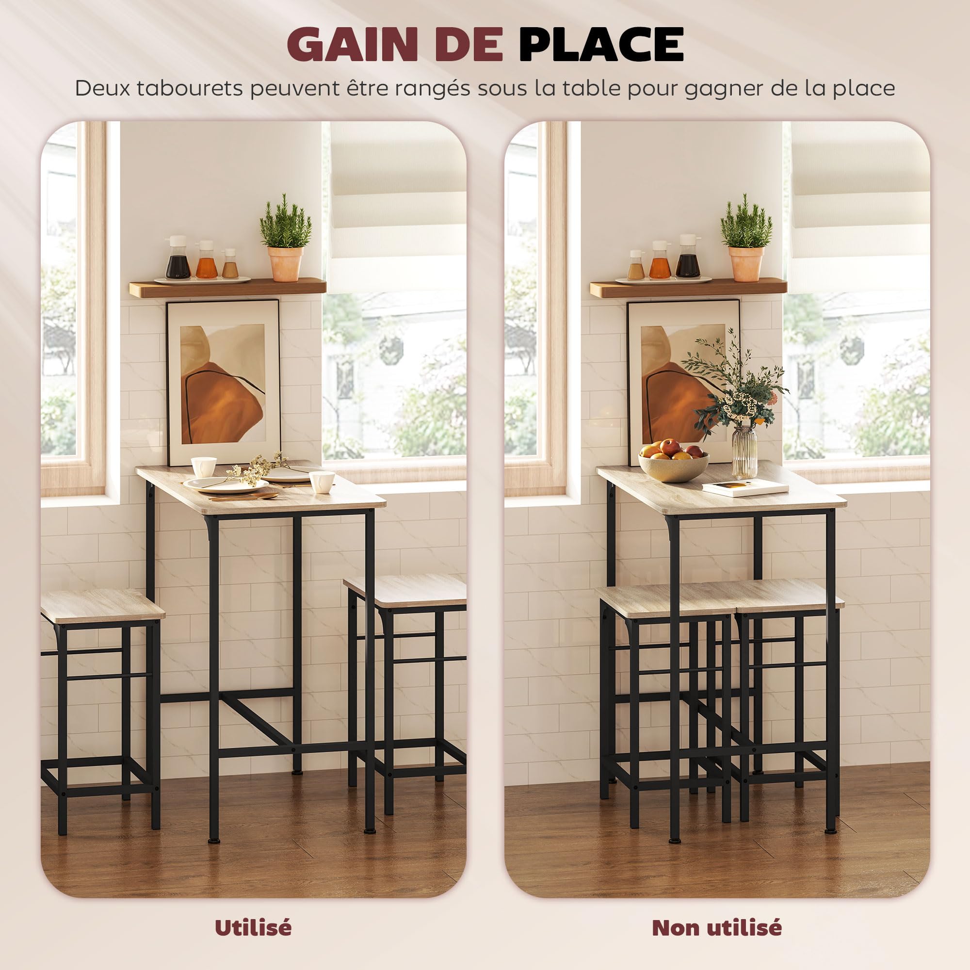 HOMCOM - Conjunto de Mesa de Bar con taburetes, Mesa de Comedor de pie con 2 sillas de Bar, Marco de Acero para Cocina, Comedor y Sala de Estar, Efecto Madera Natural