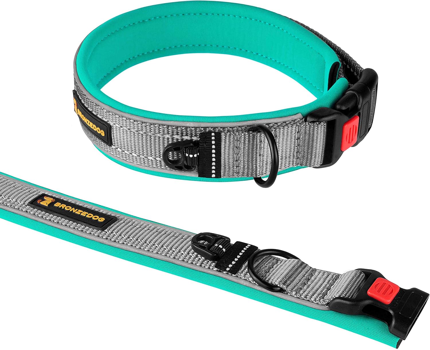 BRONZEDOG Reflective Dog Collar Nylon Soft Padded Pet Collars for Medium Large Dogs Mint Pink Blue Orange Purple (M, Mint Green)