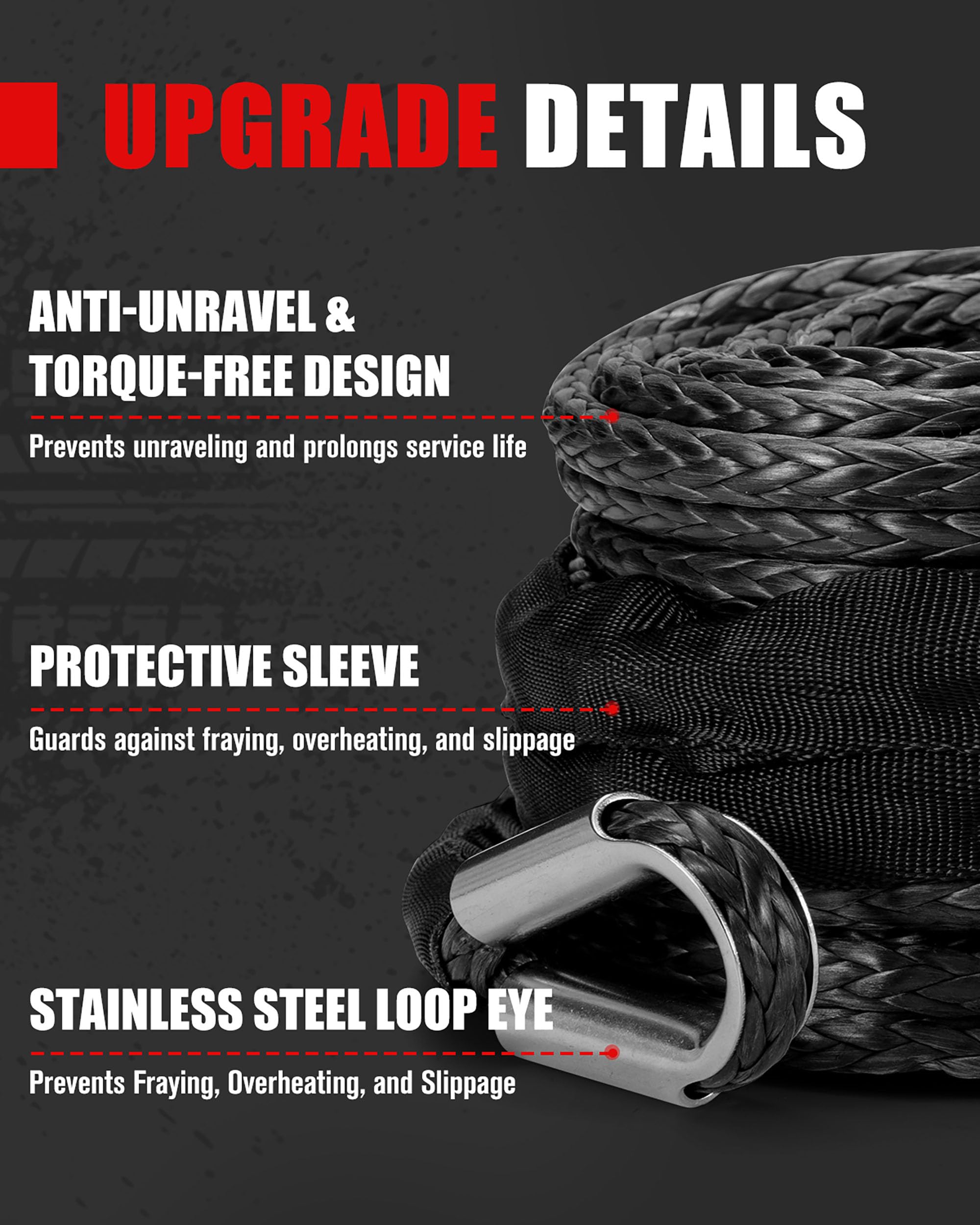 FieryRed - Cable de recuperación de Remolque sintético Resistente de 0,95 cm x 2,54 m, Color Negro para vehículos Todoterreno ATV UTV SUV y Motocicleta
