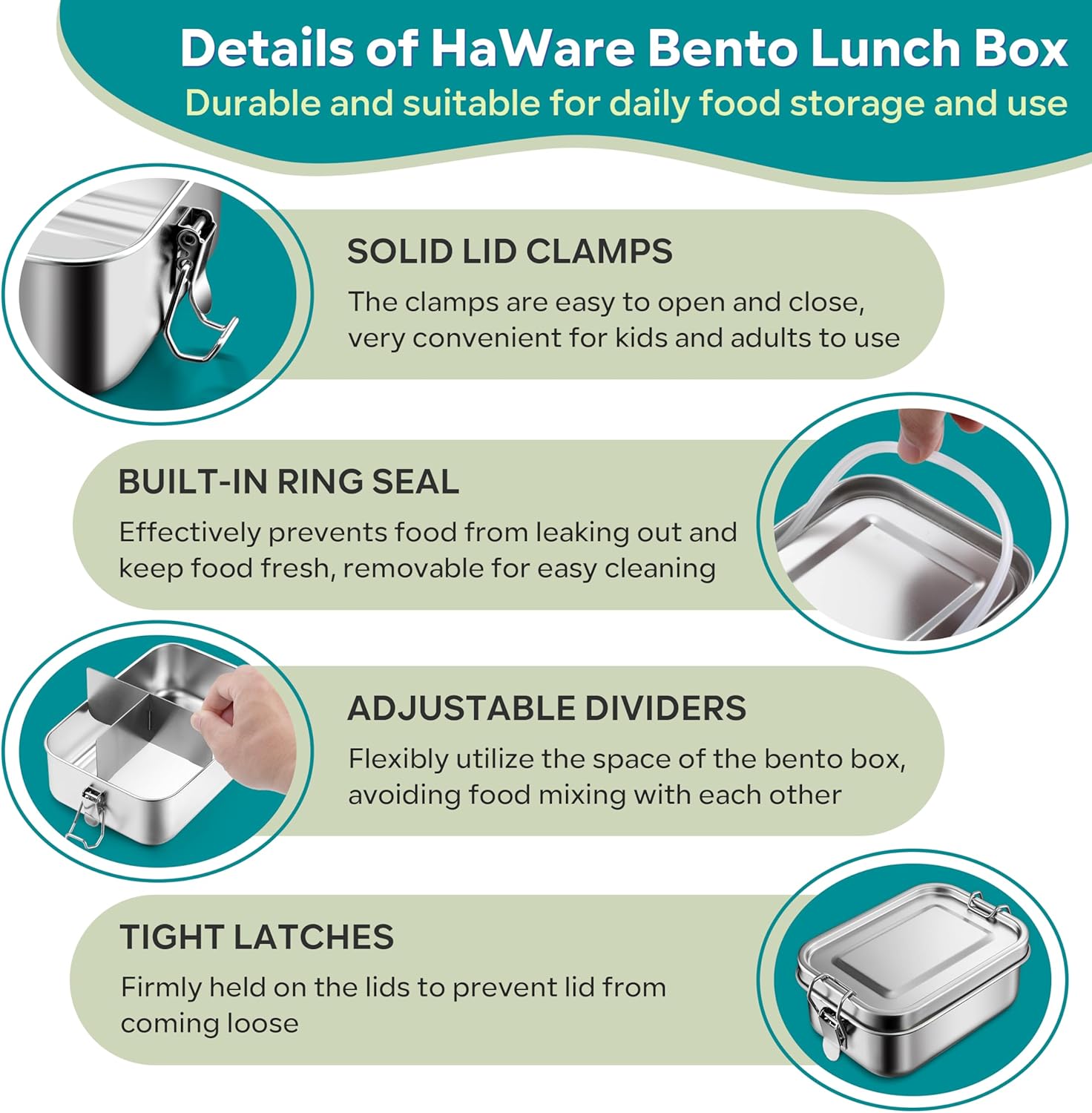 HaWare Stainless Steel Bento Box, 47oz (1400ml) Leak-Proof Lunch Box for Kids Adults, 3 Compartments Food Containers with Removable Dividers and Bag, Metal Lunch Containers for Snack Meal Sandwich - Image 3