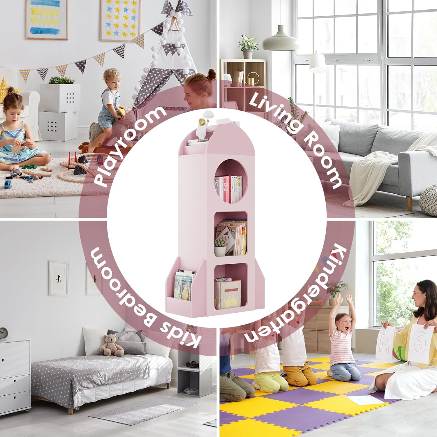 Arlopu 3-Tier Kids Bookshelf and Toy Storage, Rocket Space Theme Baby Cabinet with Side Shelves, Montessori Wooden Open Toddler Bookcase, Display Organizer for Nursery, Playroom, Kindergarten (Pink)