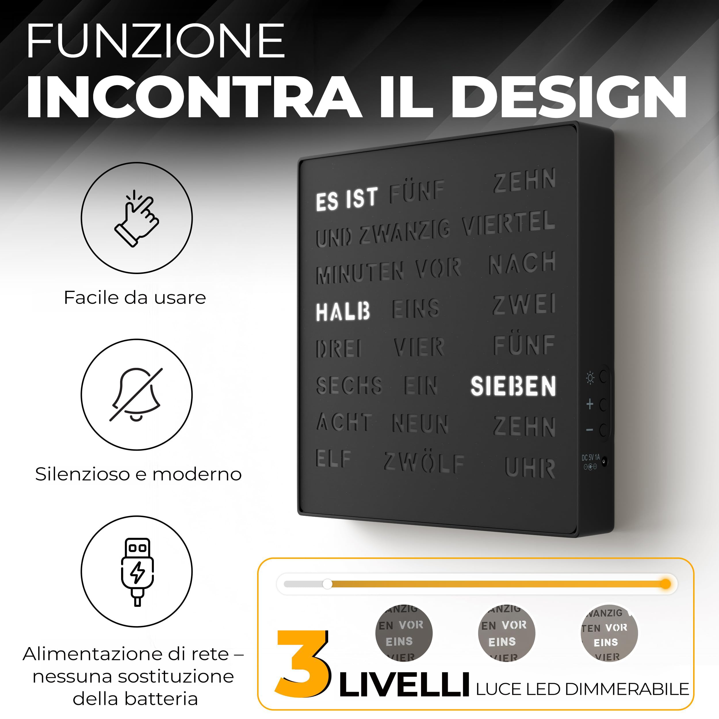 Bada Bing Orologio da parete a LED, nero, con scritta in lingua tedesca | elegante orologio da parete in metallo, con cavo USB, moderno, di alta qualità, silenzioso, da appoggio/appendere, idea