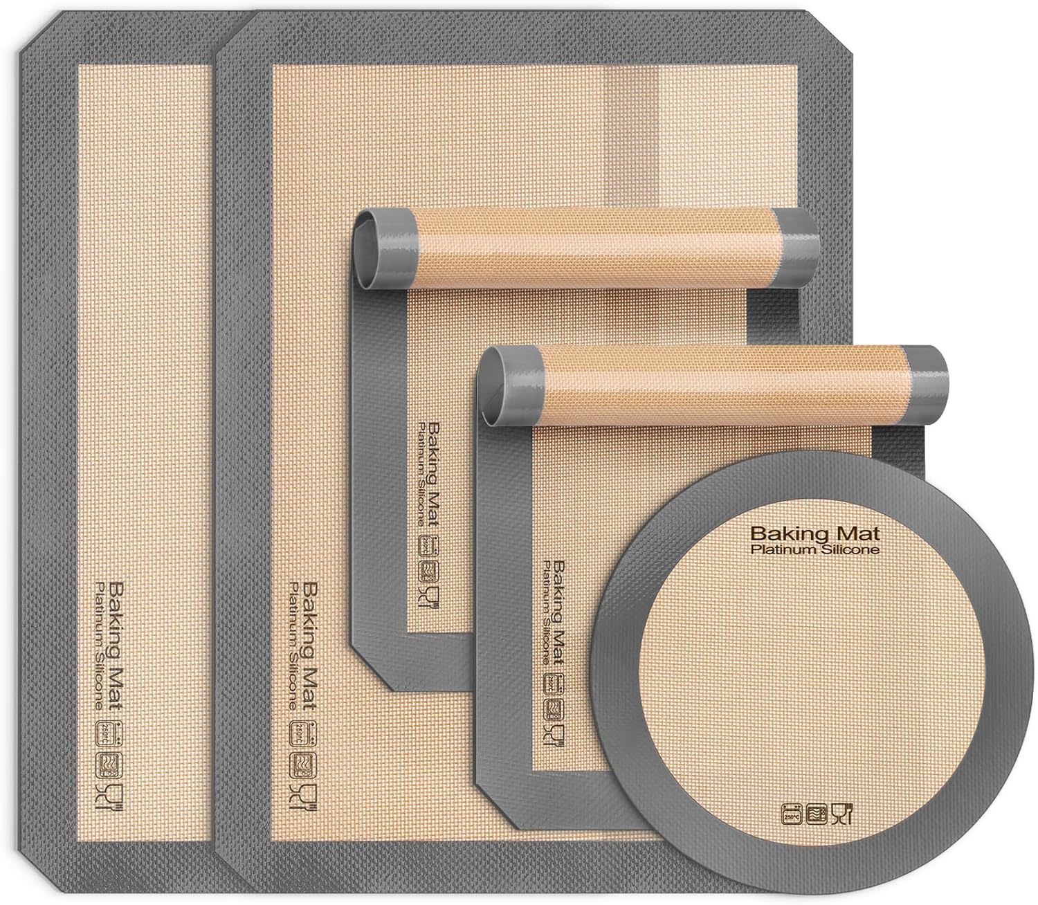 Silicone Baking Mat - Sopito Platinum Silicone Baking Sheet Liner- Non-Stick, Food Safe, Reusable, 5Pcs Set for Half Sheet Size Tray & Quarter Size Tray and 9'' Pizza pan, Grey