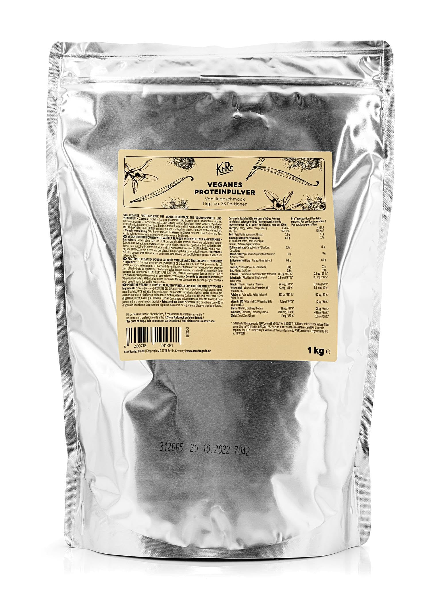 KoRo Veganes Proteinpulver Ohne Zucker Vanille 1 kg - Aus Reis-, Erbsen- und Soja Protein Pulver Vegan - Eiweißpulver Cremig-süß im Geschmack - 30 Tage Vorrat