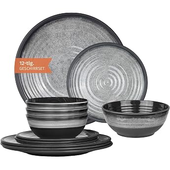 Camping Tableware Made of Melamine for 4 People 12 Pieces Dishwasher Safe Picnic Crockery Set Crockery Camping Tableware Stone Grey Design