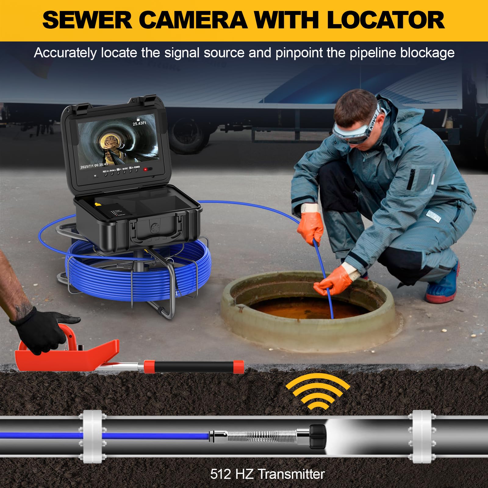 anysun Anysun - Cámara de alcantarillado con localizador, contador de distancias, autonivelación, cable de 7 mm de diámetro, micrófono/DVR, cámara de inspección de tuberías de 165 pies/50 m, cámara de