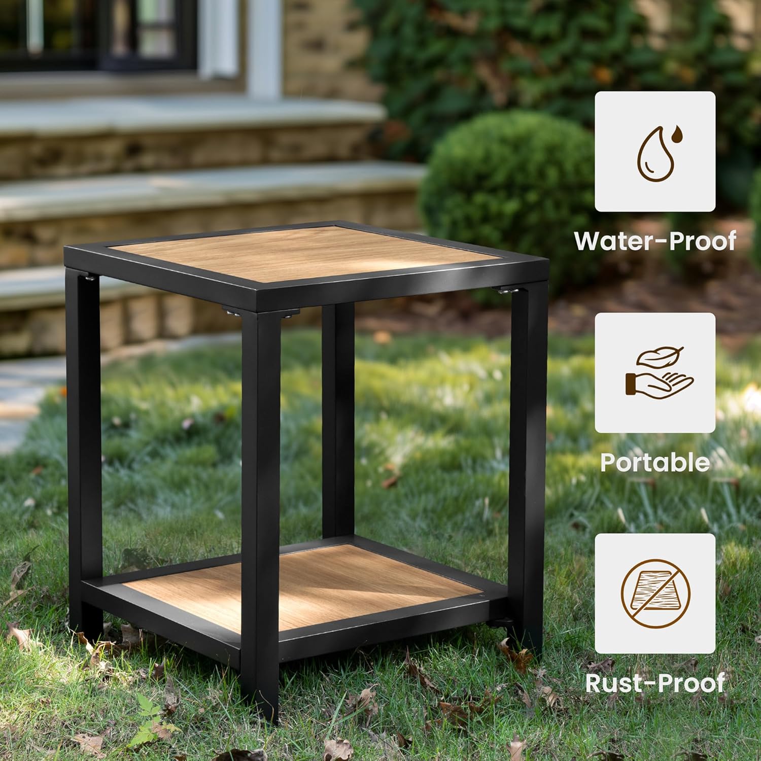 Outdoor Side Table, End Table for Patio,15.8" Solid Side Table for Pool, 2-Tier Sturdy and Weather Resistant, Backyard & Lawn, Black