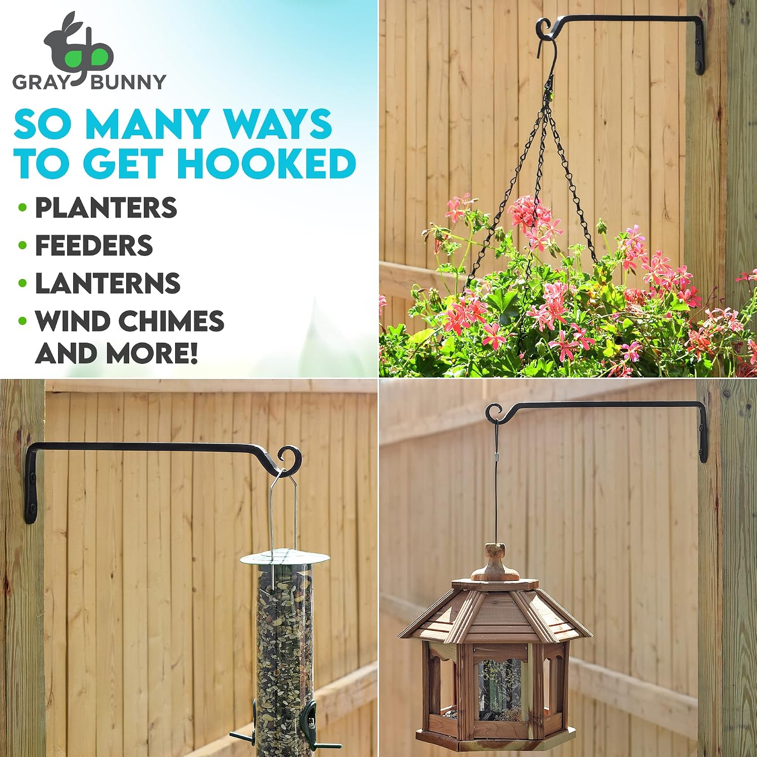 Gray Bunny 2 Pack Outdoor Plant Hanger Hook, 15” Hand Forged Straight Iron Wall Hooks for Bird Feeders, Lanterns, Wind Chimes, Patio Decor - Black