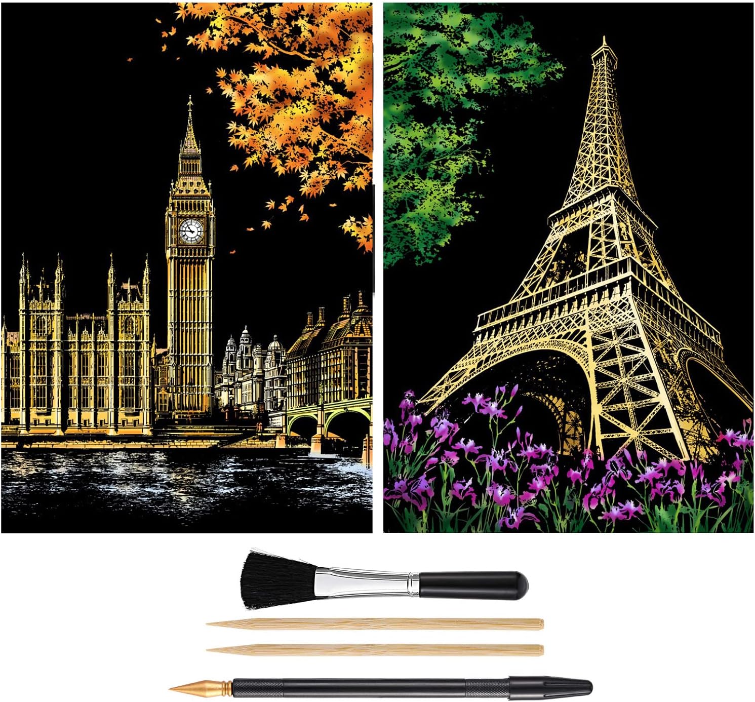 Scratch Painting Kits for Adults & Kids, Craft Art Set, Rainbow Scratch Art Painting Paper, Sketch DIY Night View Scratchboard, 16'' x 11.2'' Creative Gift with 6 Tools kit (Eiffel Tower / Big Ben)