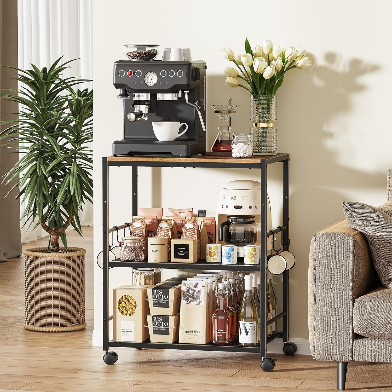 Rolling Kitchen Microwave Cart, 3-Tier Microwave Stand with Adjustable Shelf, Kitchen Storage Cart on Lockable Wheels, Coffee Bar Cart Shelf Rack Organizer for Kitchen, Living Room, Office, Balcony