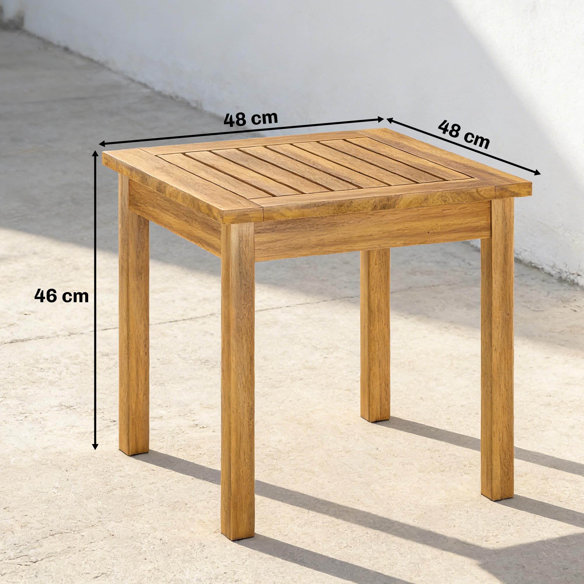 Outsunny Table Basse de Jardin Carrée en Bois d'Acacia Massif, Plateau à Lattes, Pieds Réglables, 48x48x46cm, Naturel