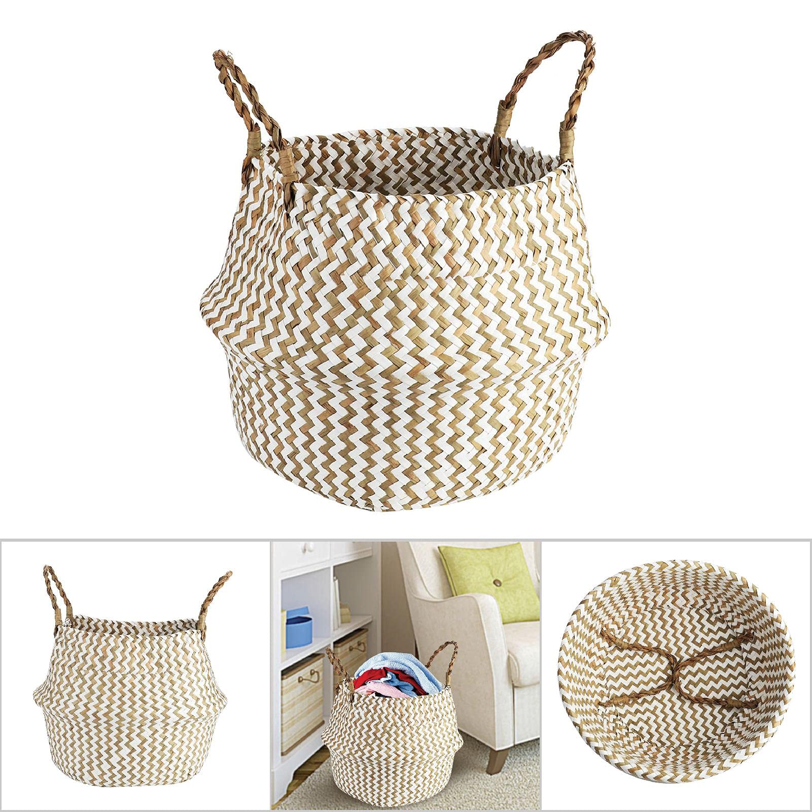 Botaniczny tkany kosz do przechowywania z trawy morskiej |Składany organizer na ubrania do prania/zabawek/pikniku |Eco - Świadomy, solidny kosz z uchwytami |Zakrzywiony wzór (White (wavy pattern))