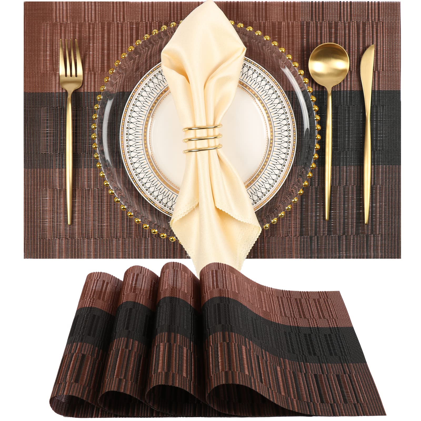 YOSICHY Placemats Set of 4 Woven Vinyl Washable Heat Resistant Placemats Stain Resistant Non-Slip PVC Kitchen Placemats for Dining Table(Brown)