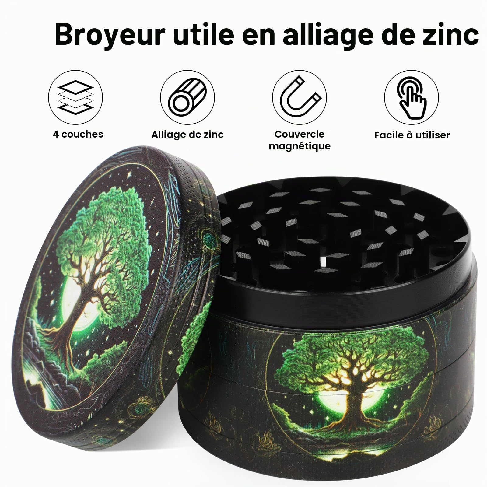 Grinder Grand broyeur 63 mm 40 dents de broyage Moulin à épices avec motif arbre en métal Lot de 4 pièces pour épices, épices, pollen