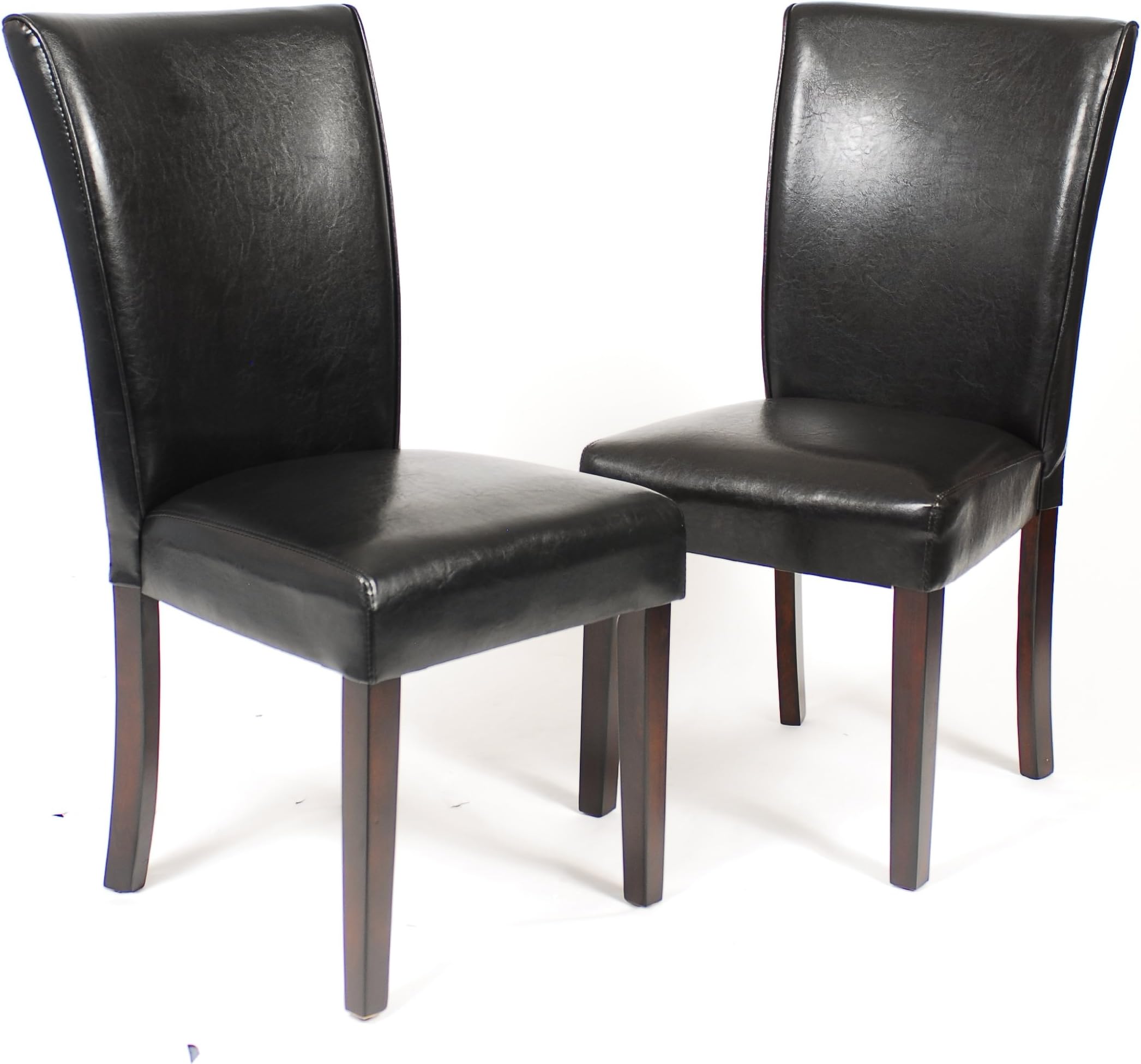 Roundhill Furniture Dark Brown Leatherette Parsons Chairs with Cherry Finish Wood Legs, Set of 2
