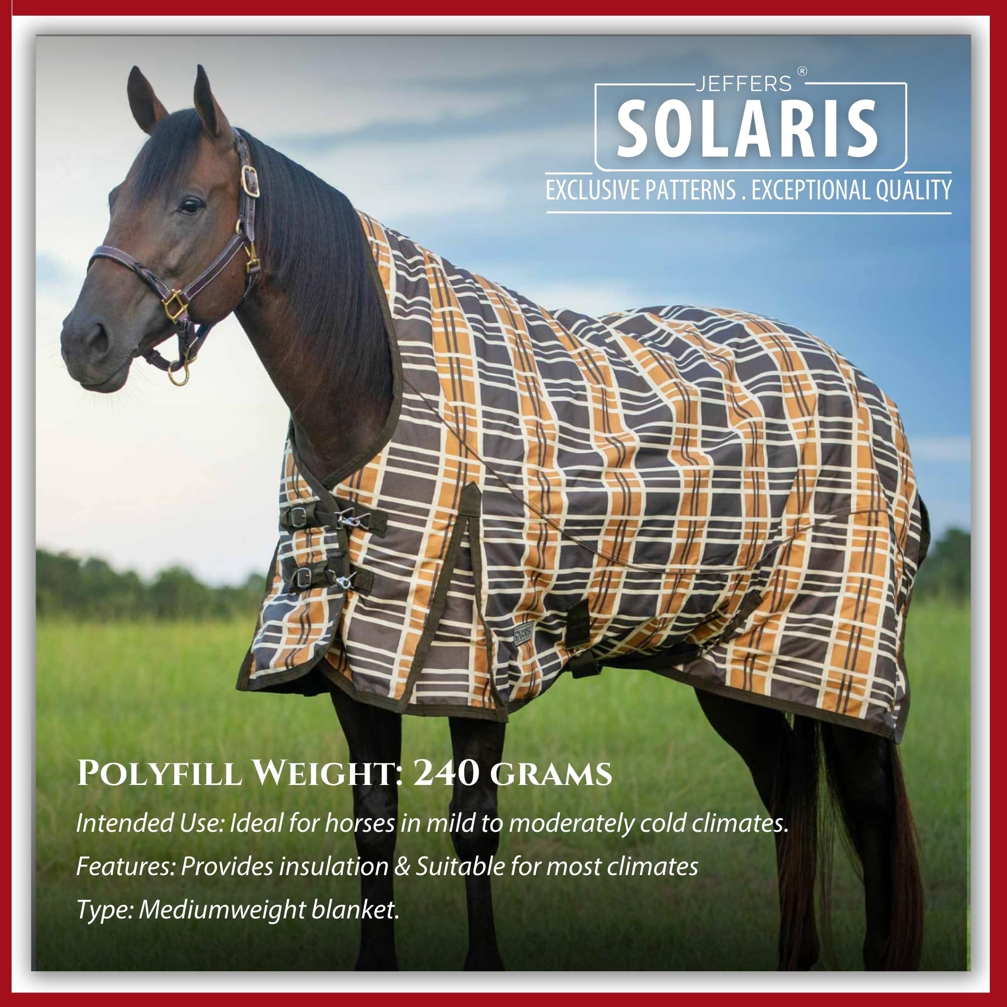 Jeffers Solaris - Coperta per cavallo, 1200 denari, con collo allungato, motivo scozzese marrone e crema, 213,4 cm, impermeabile, traspirante, con Polyfill da 240 g, protezione ideale per l'inverno