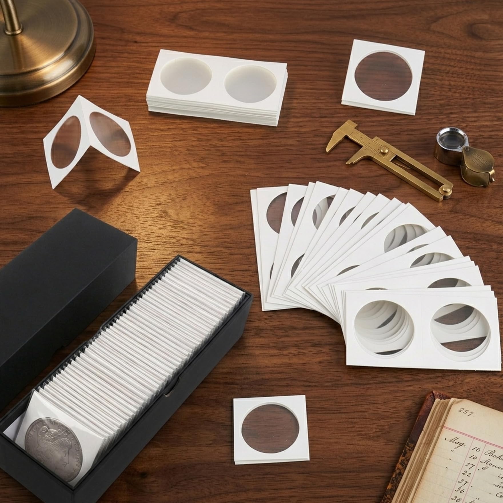 Klmnop Lot de 300 rabats pour pièces de monnaie avec 3 boîtes de rangement de 5 x 5 cm, porte-pièces en carton pour pièces de monnaie de 6 tailles, étui de rangement pour pièces de monnaie (noir)