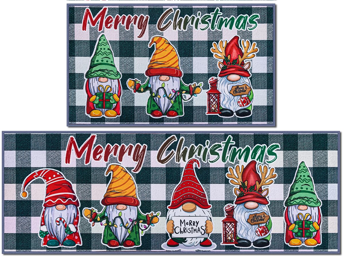 JSVSLTD Christmas Kitchen Rugs, Set of 2 Kitchen Floor Mat Christmas Decorations for Home, Non-Slip Anti Fatigue Kitchen Mats (17"x47"+17"x29", Gnome)