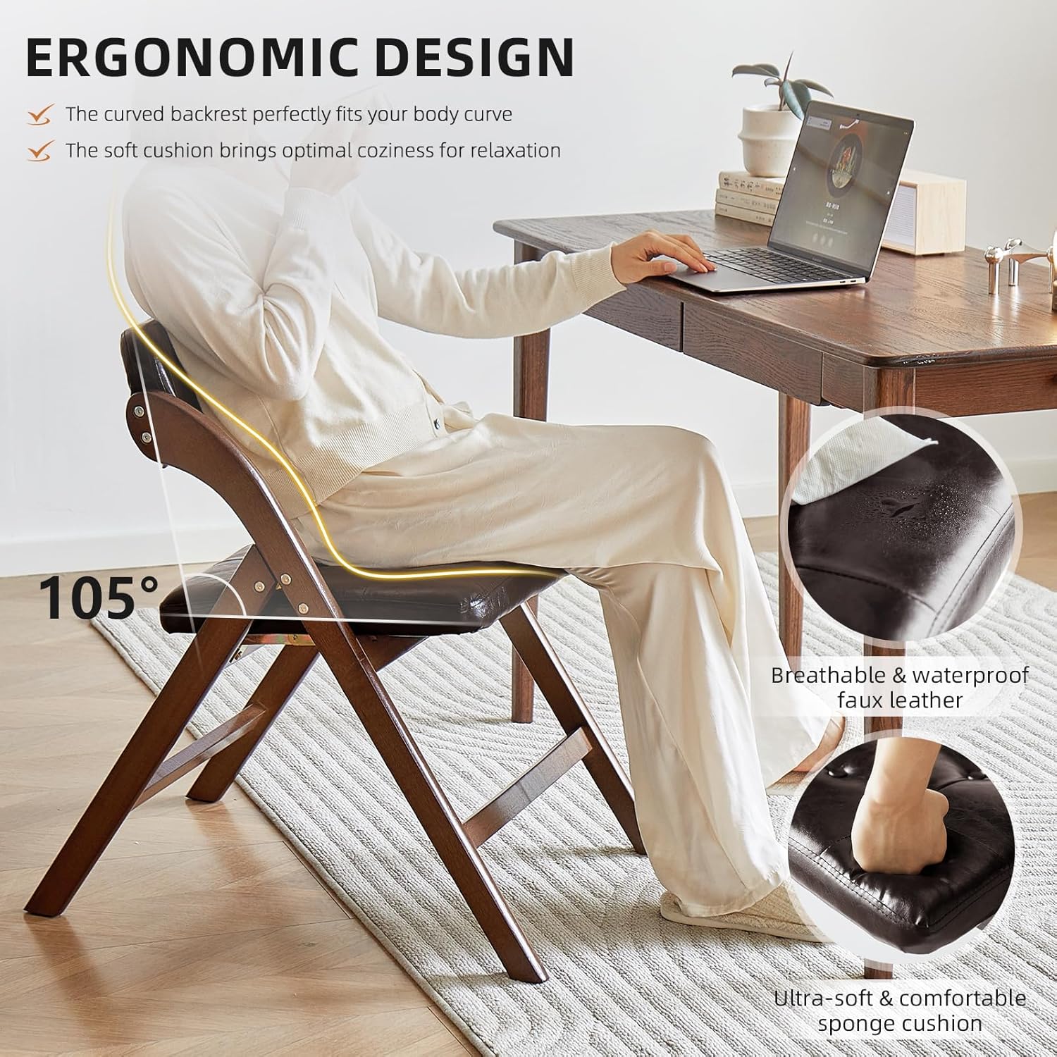 Wood Folding Chair with Padded Seats Set of 2, Foldable Dining Chair with Cushion, Comfortable Extra Chair, Portable Foldable Seating for Indoor Outside Events, Party, Wedding (Walnut Brown)