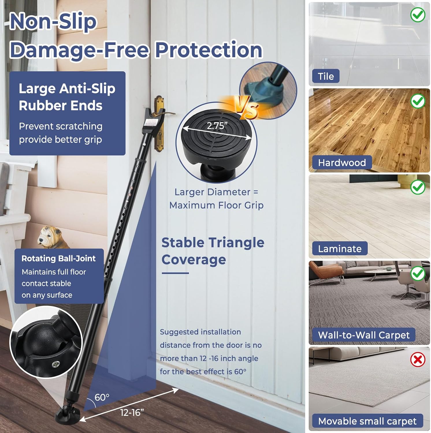 Sliding Door Secruity Bar, 2Pack Door Stoppers,2 Interchangeable Head,17-46” Length Adjustable Child Safety Lock for Window,Patio Sliding Glass Doors from Inside,Home Apartment Security Tool